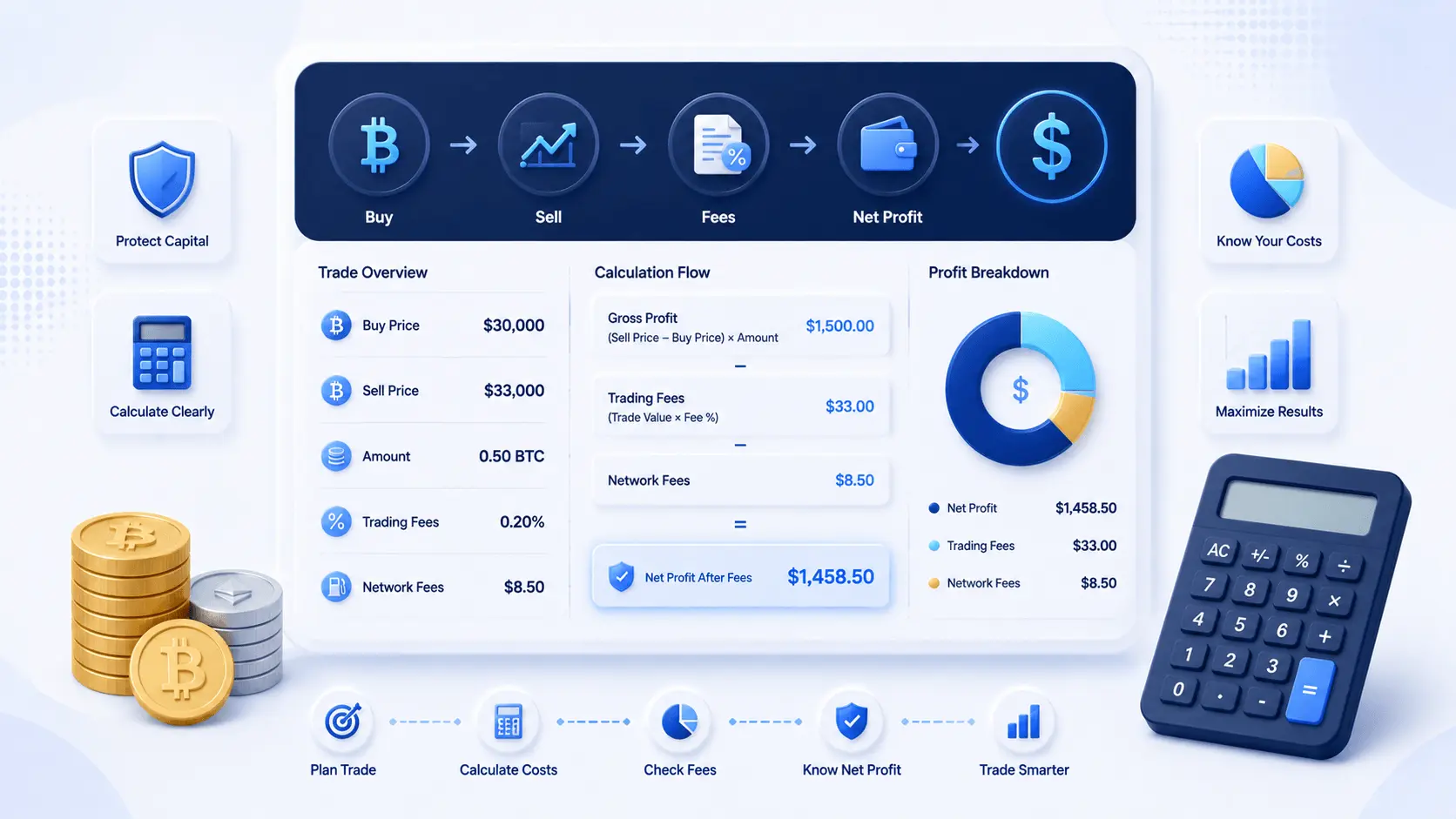 Crypto profit calculation education illustration with fees, costs, and net result flowchart.