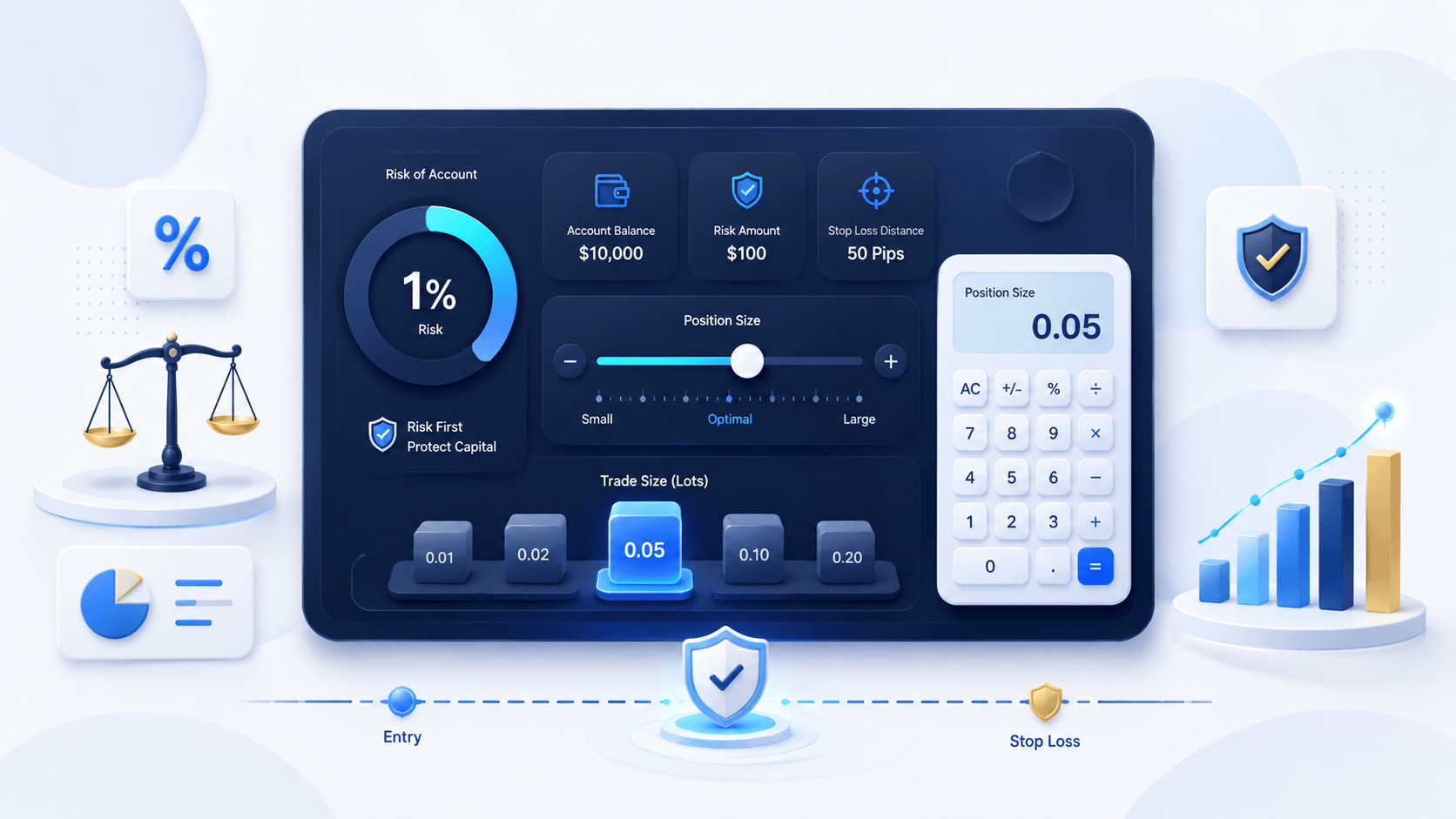Premium trading risk dashboard showing position size, risk percentage, stop-loss distance, and calculator elements.