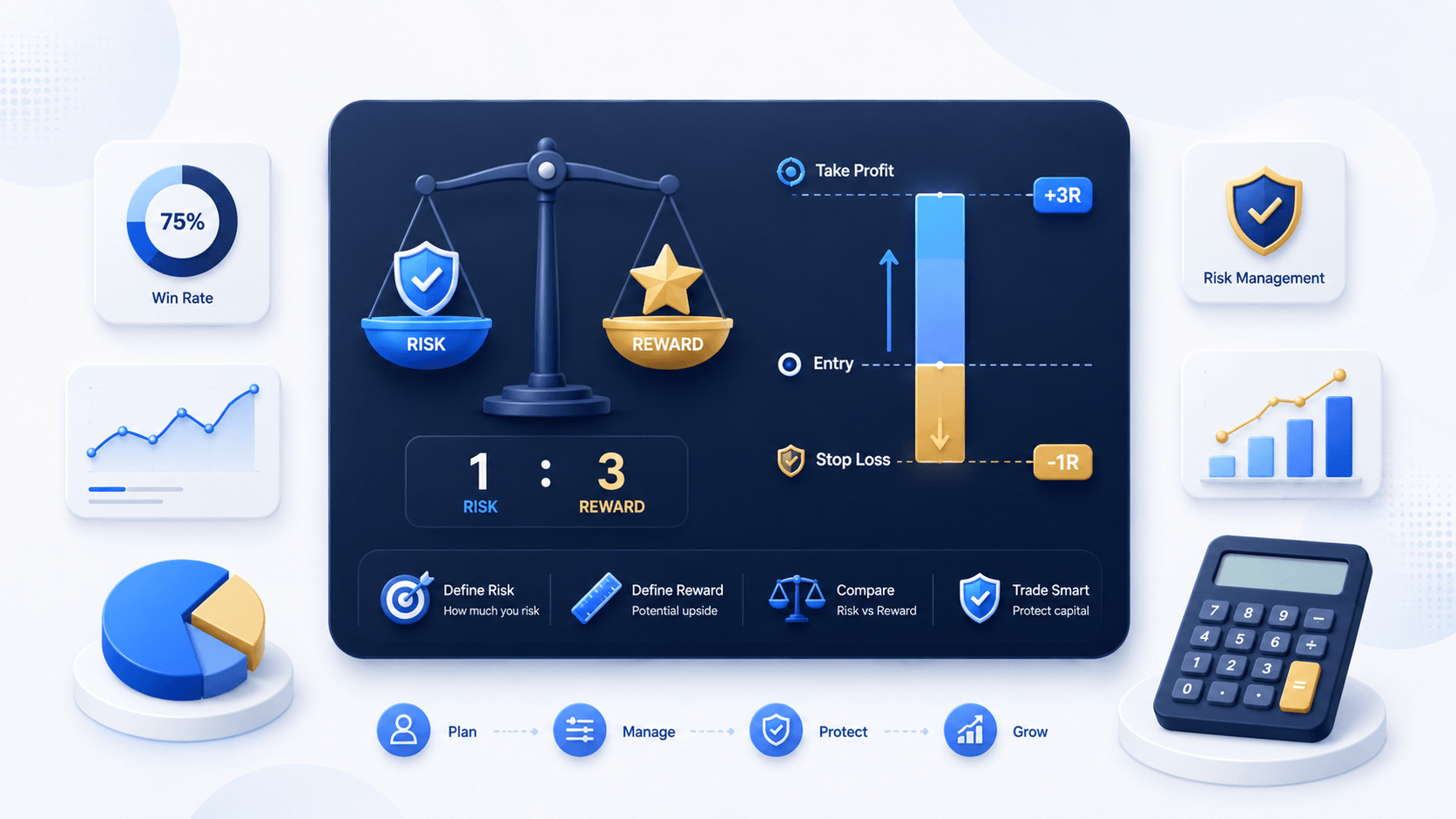 Risk reward ratio trading education illustration with ratio flow, calculator, and net result visuals.