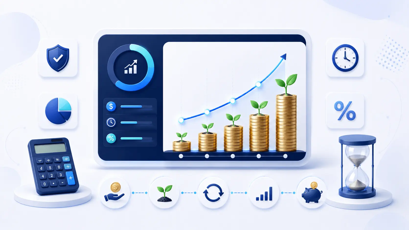 Compound interest education illustration with growth curve, future value, contributions, and calculator visuals.