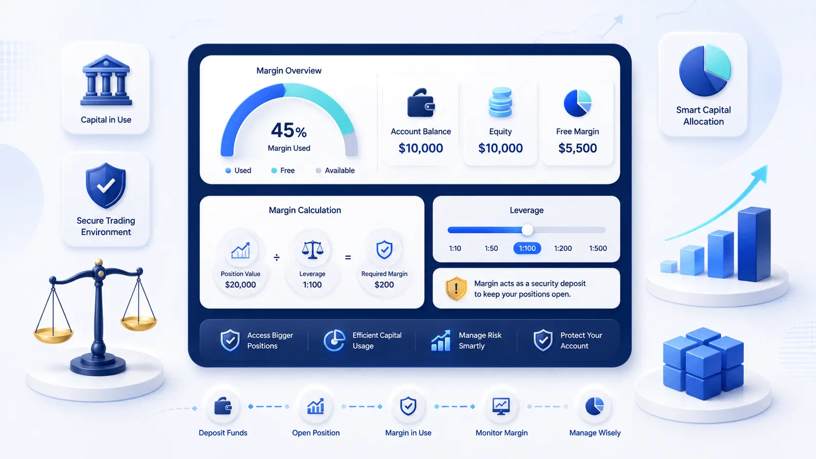 Margin trading education illustration with calculator, leverage visuals, and risk management components.