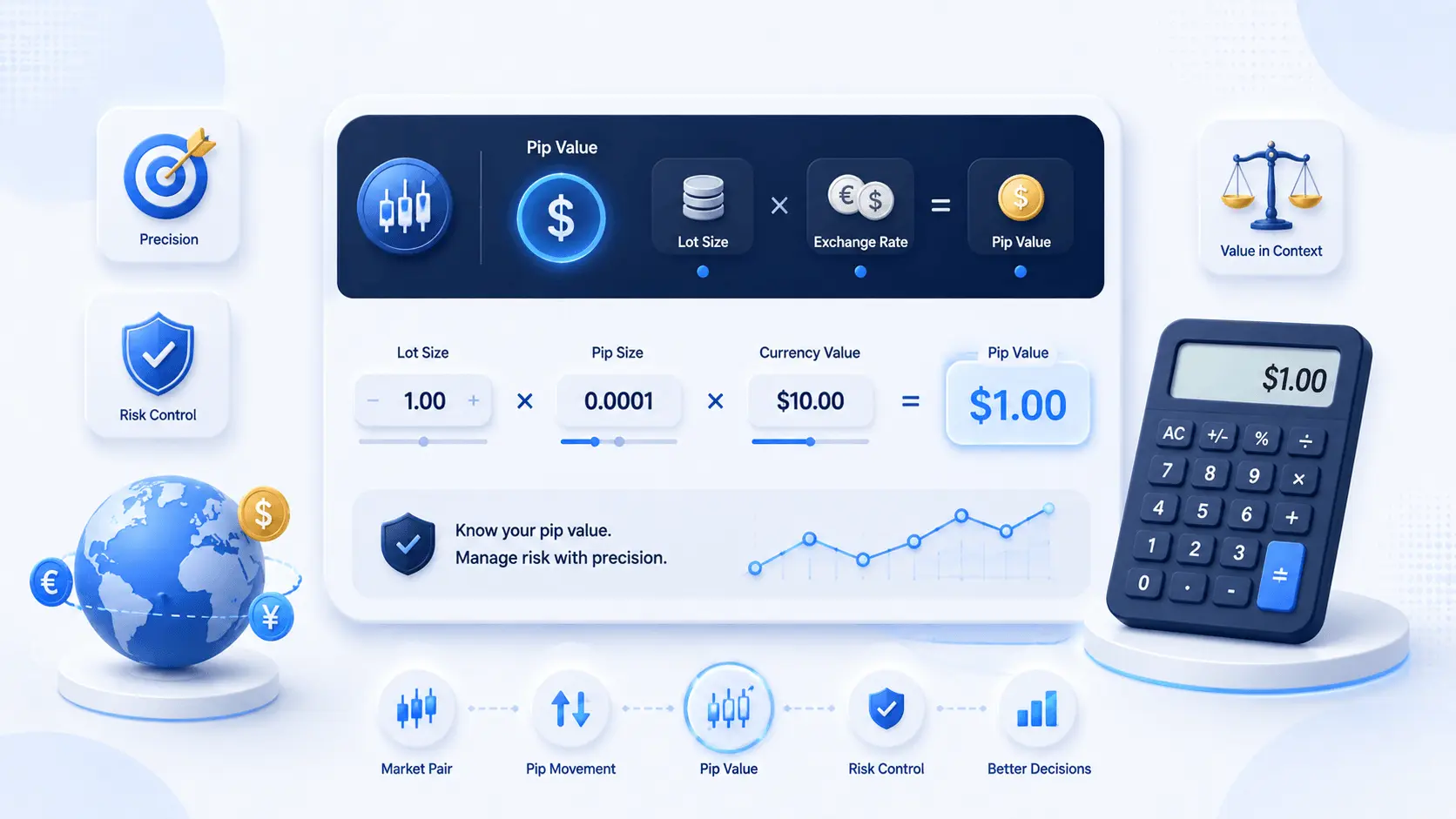 Pip value trading education illustration with calculator, forex symbols, and risk management visuals.