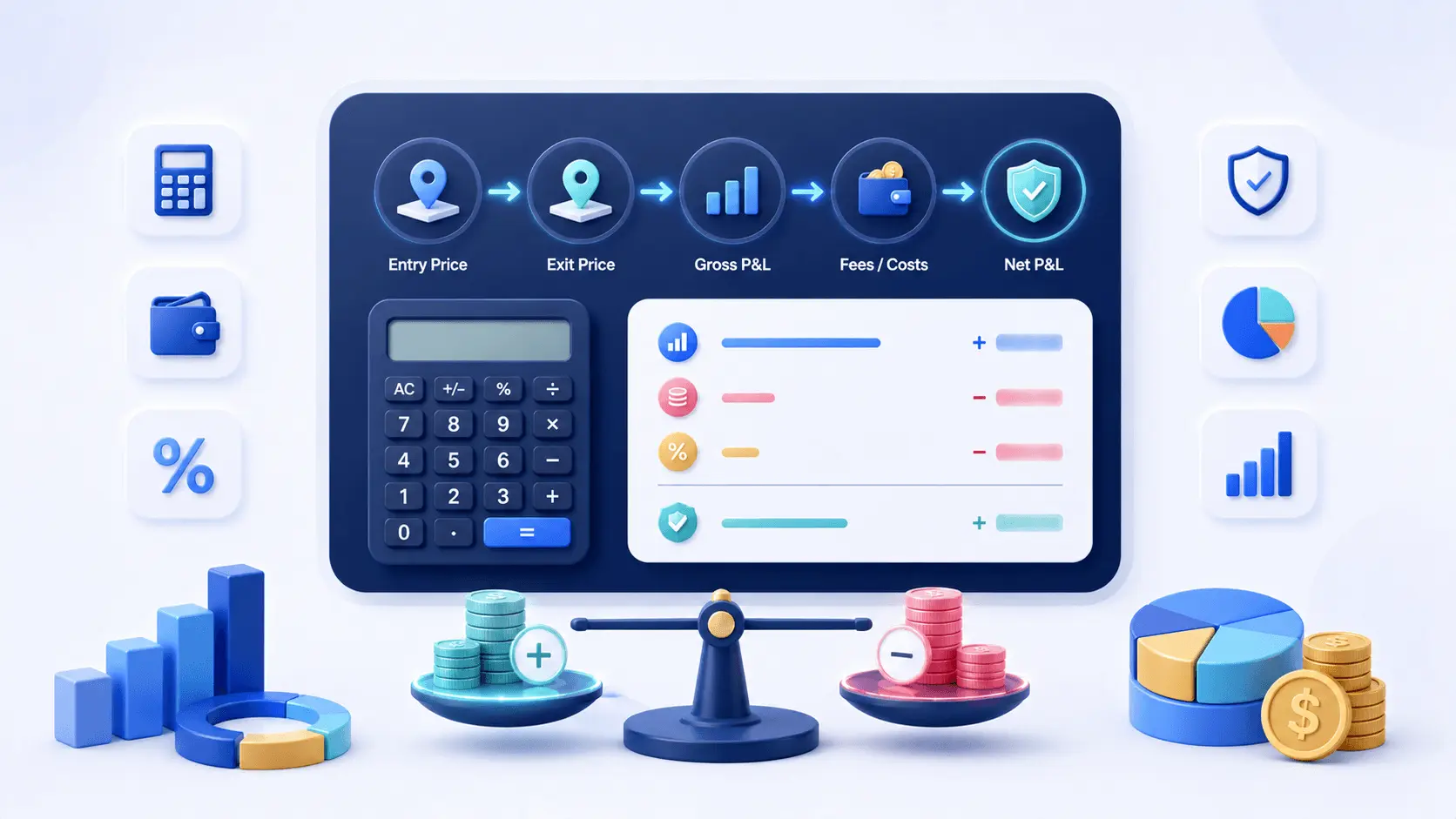 Profit and loss trading education illustration with P&L calculation flow, calculator, fees, and net result visuals.